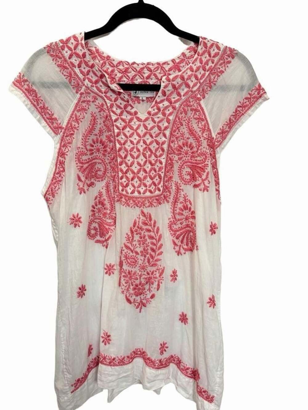 Jayshree Dalal Hand Embroidered Floral Cotton Tunic Large Pink White Boho